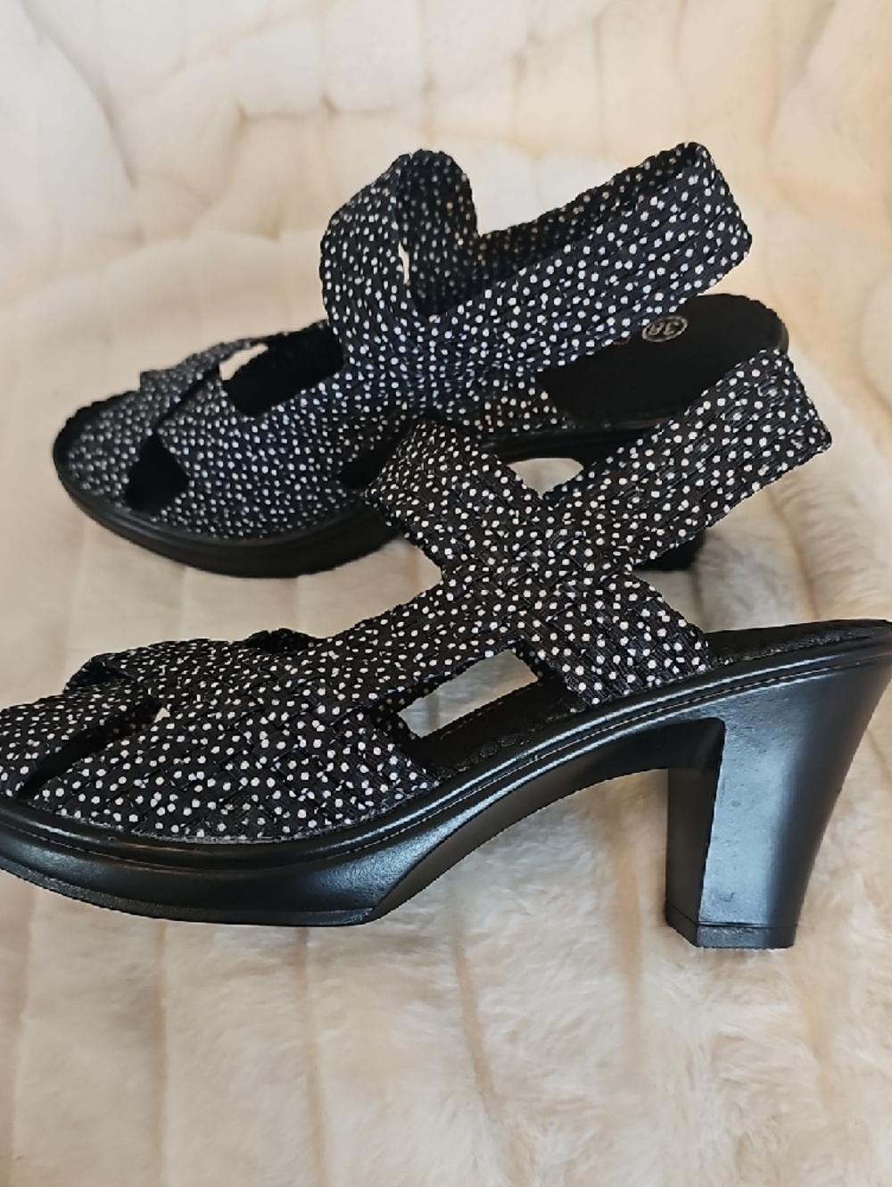 bernie mev. Black and White Dot Slingback Block Heels - Picture 6 of 10